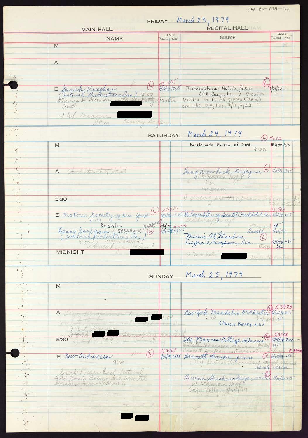 Carnegie Hall Booking Ledger, volume 24, page 61