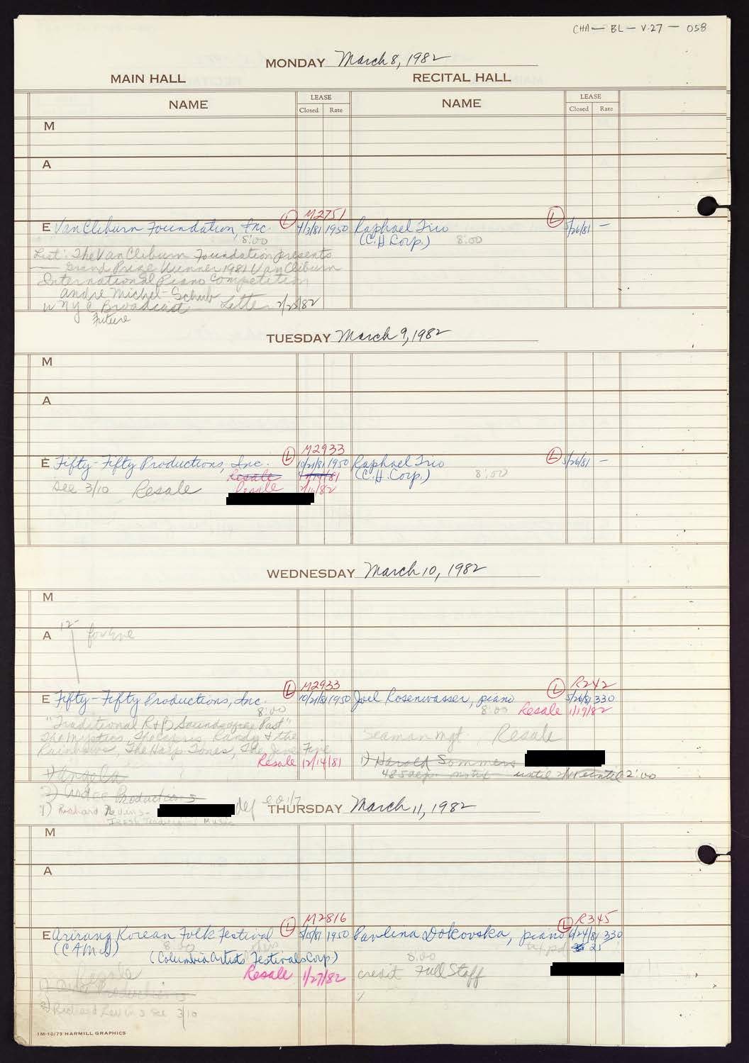 Carnegie Hall Booking Ledger, volume 27, page 58