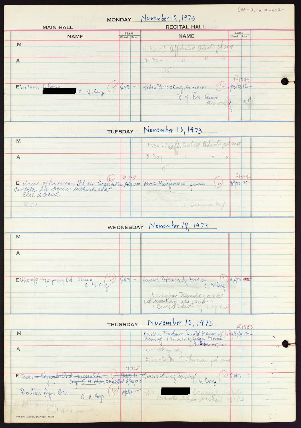 Carnegie Hall Booking Ledger, volume 19, page 22