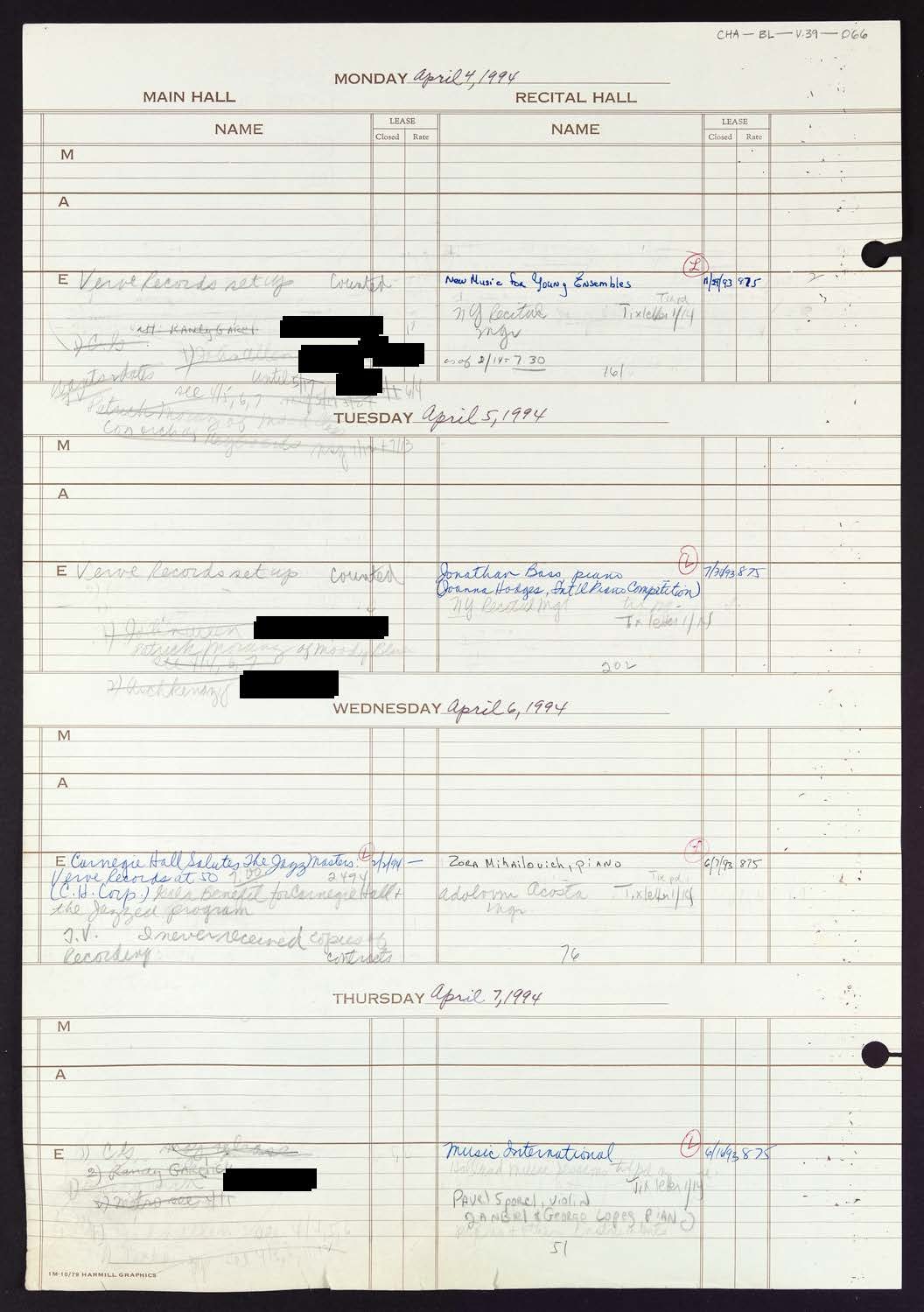 Carnegie Hall Booking Ledger, volume 39, page 66