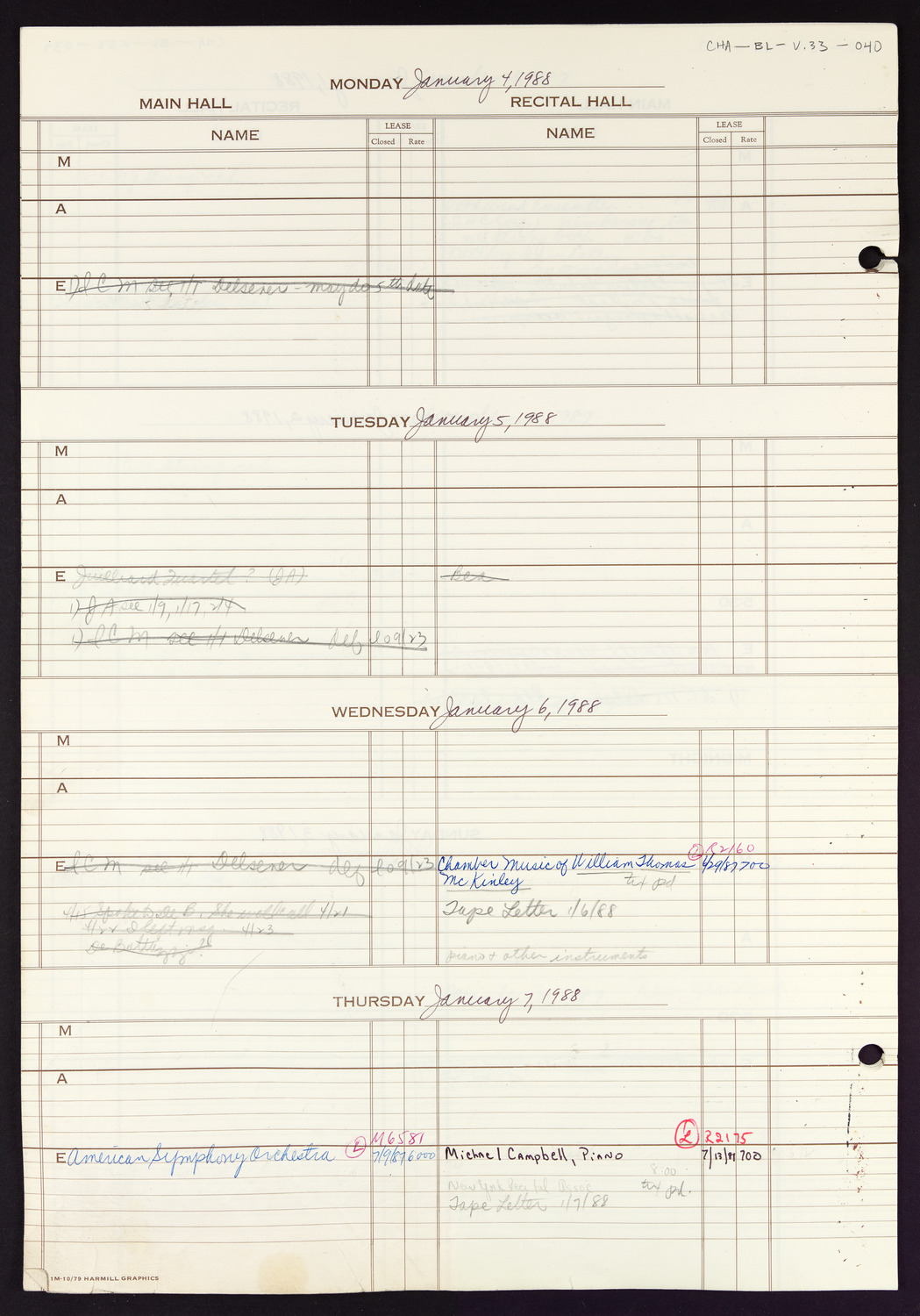 Carnegie Hall Booking Ledger, volume 33, page 40