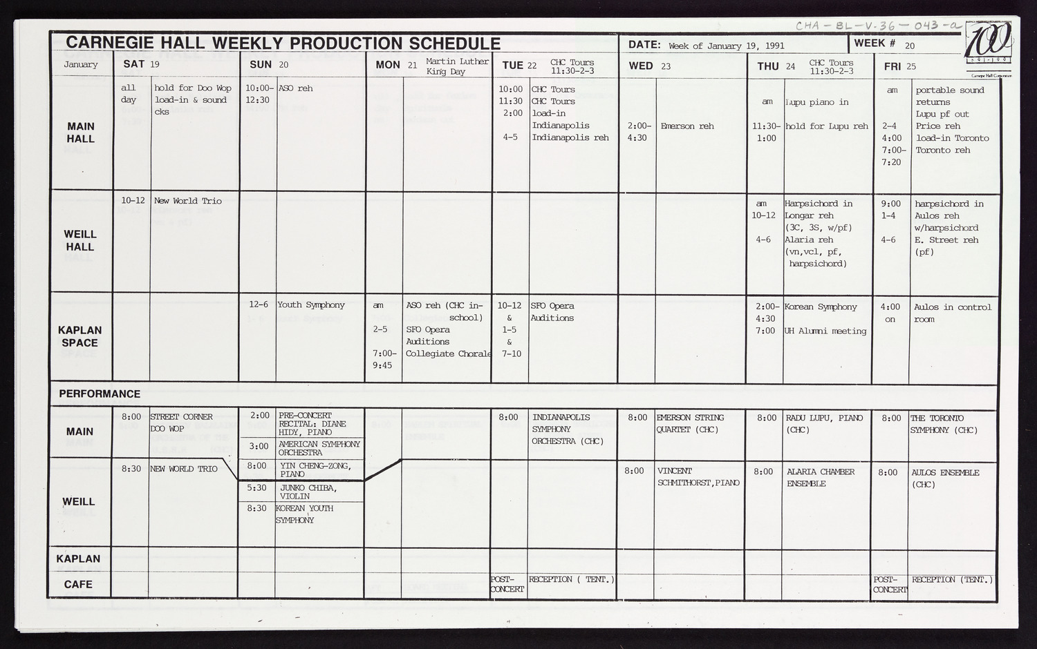 Carnegie Hall Booking Ledger, volume 36, page 43a