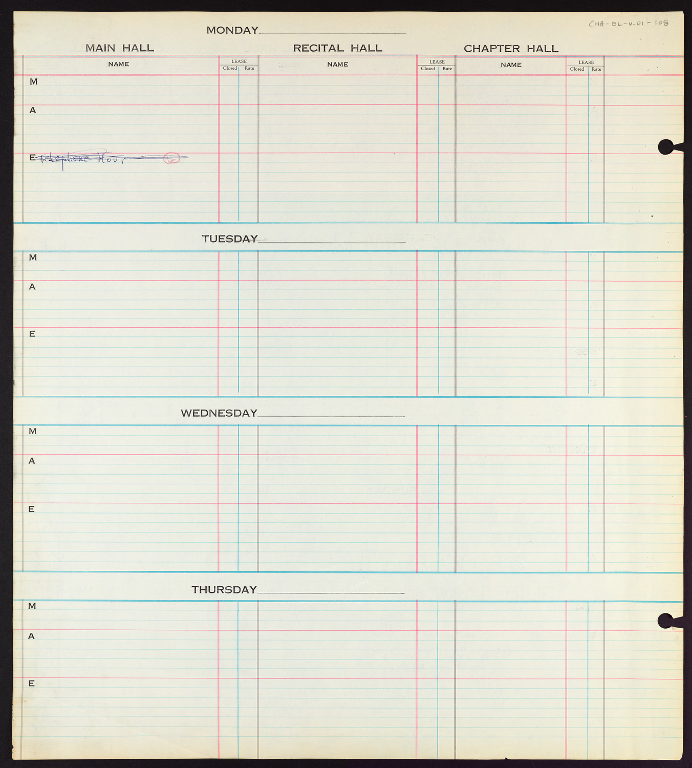 Carnegie Hall Booking Ledger, volume 1, page 108