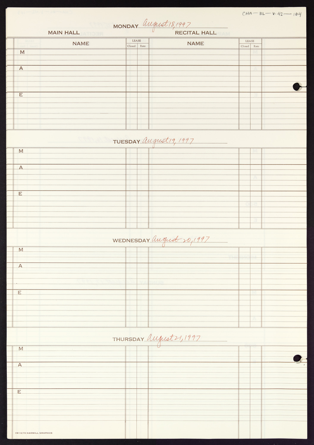 Carnegie Hall Booking Ledger, volume 42, page 104