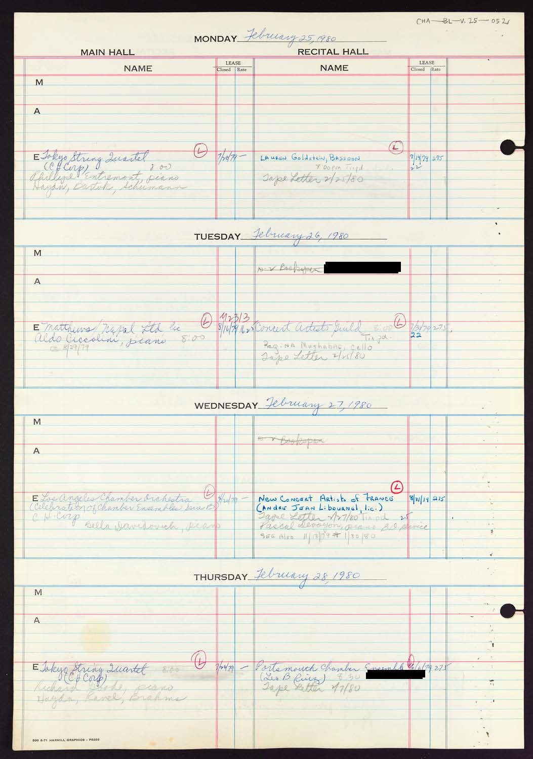 Carnegie Hall Booking Ledger, volume 25, page 52