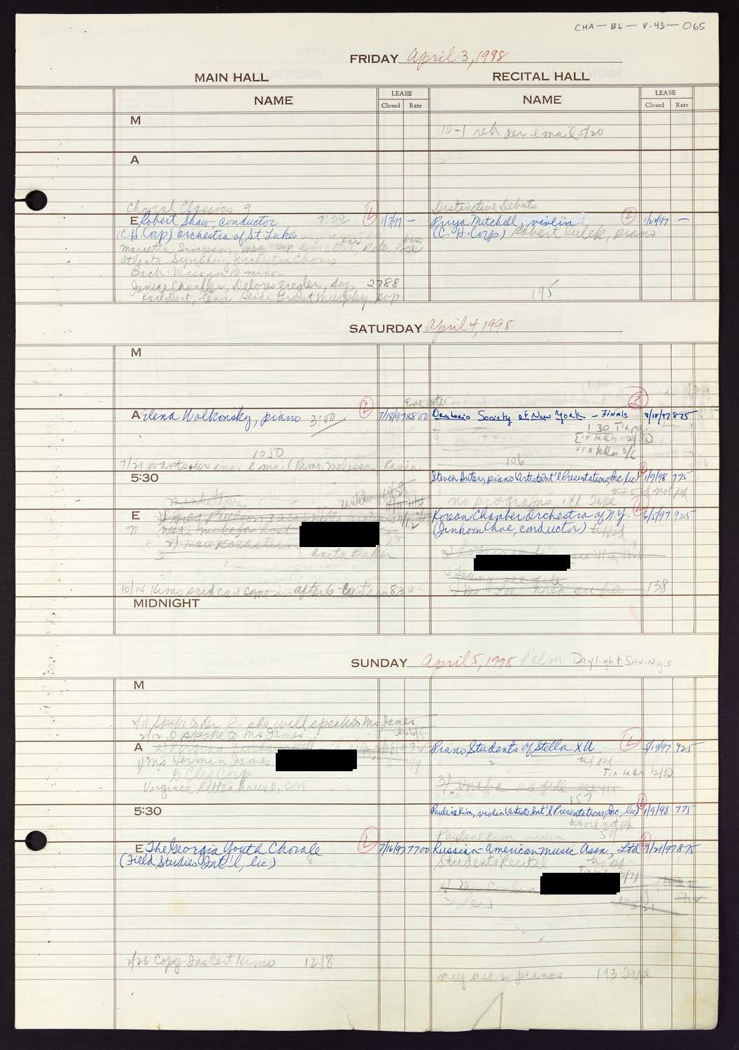 Carnegie Hall Booking Ledger, volume 43, page 65