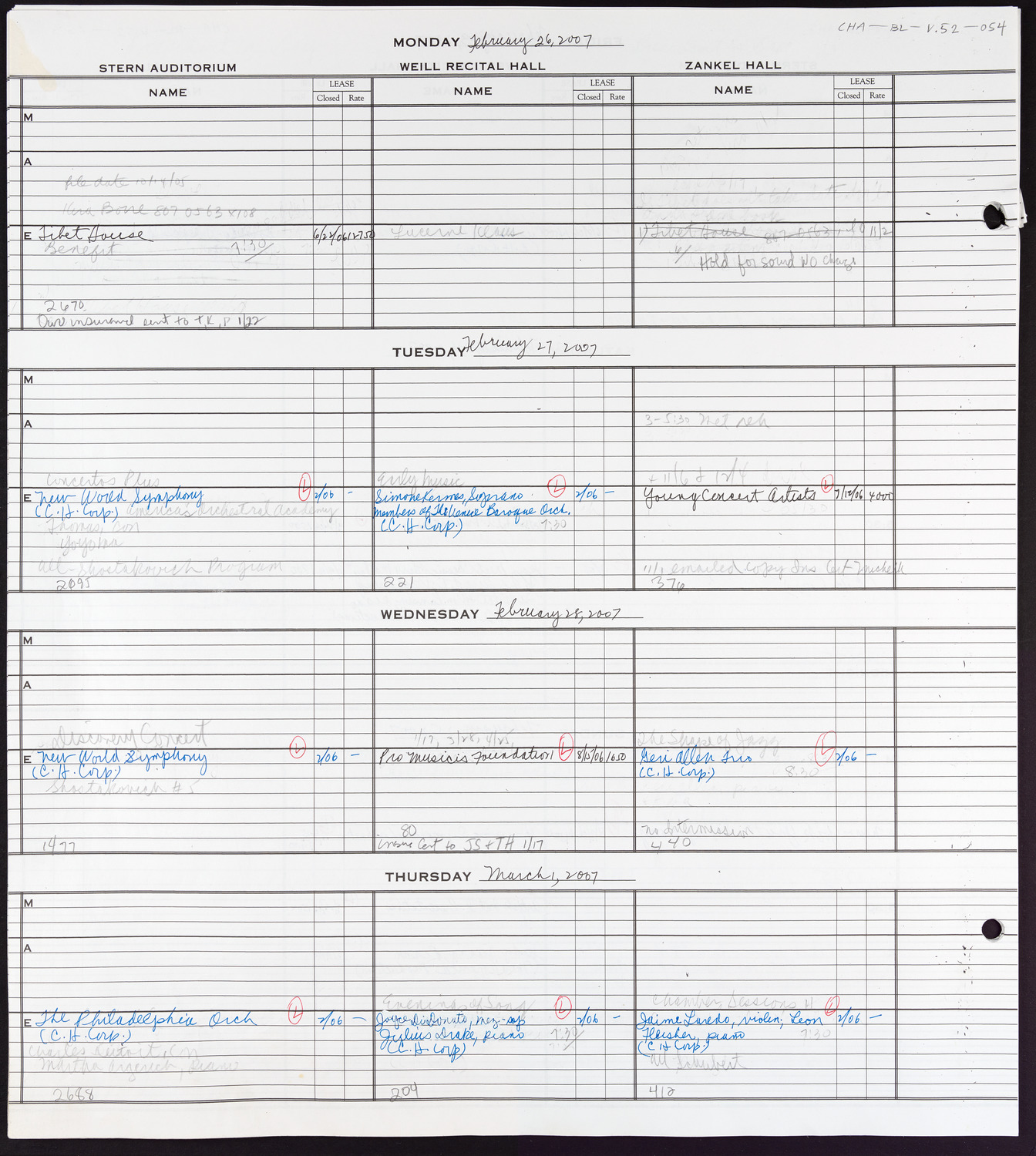 Carnegie Hall Booking Ledger, volume 52, page 54