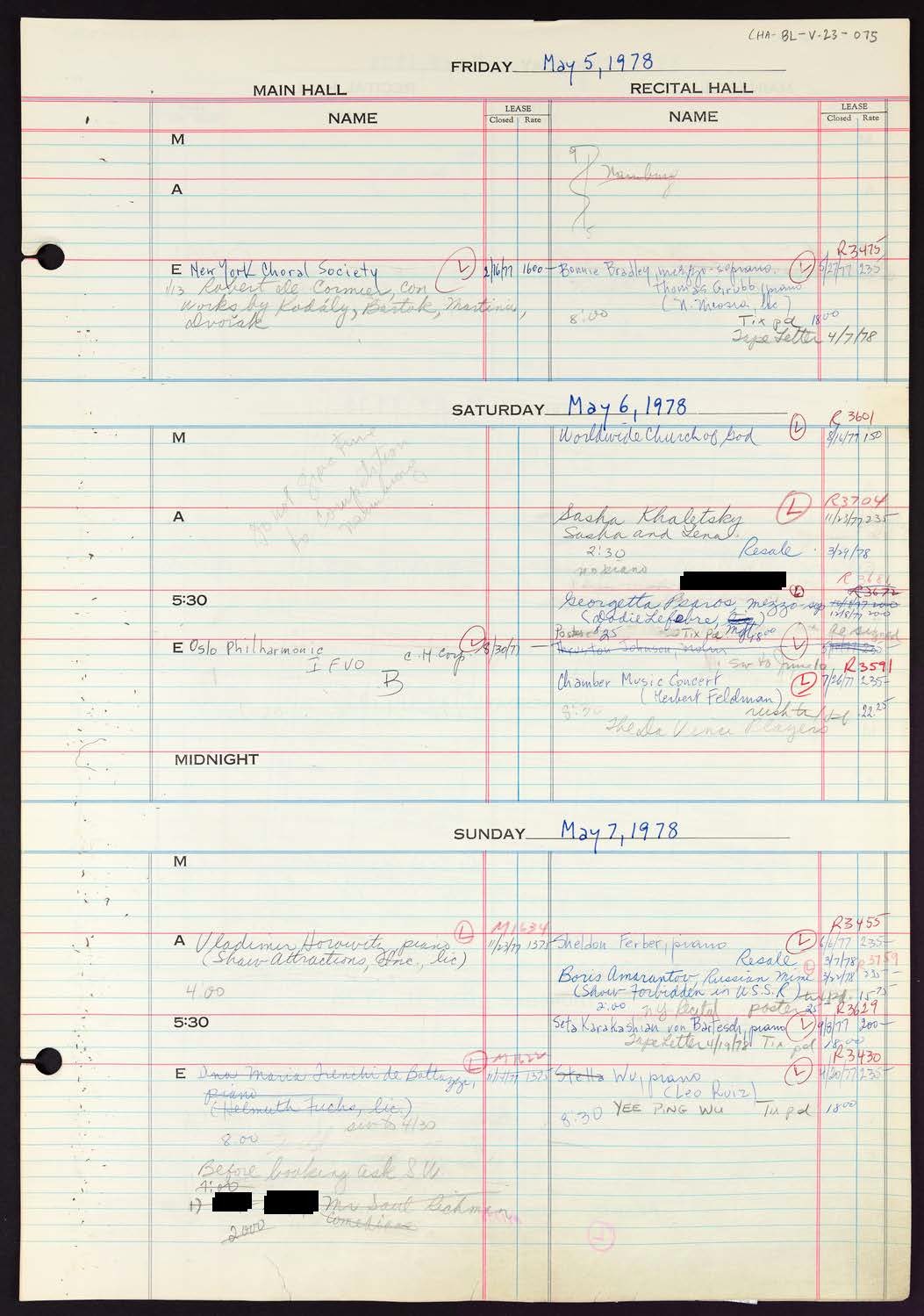 Carnegie Hall Booking Ledger, volume 23, page 75