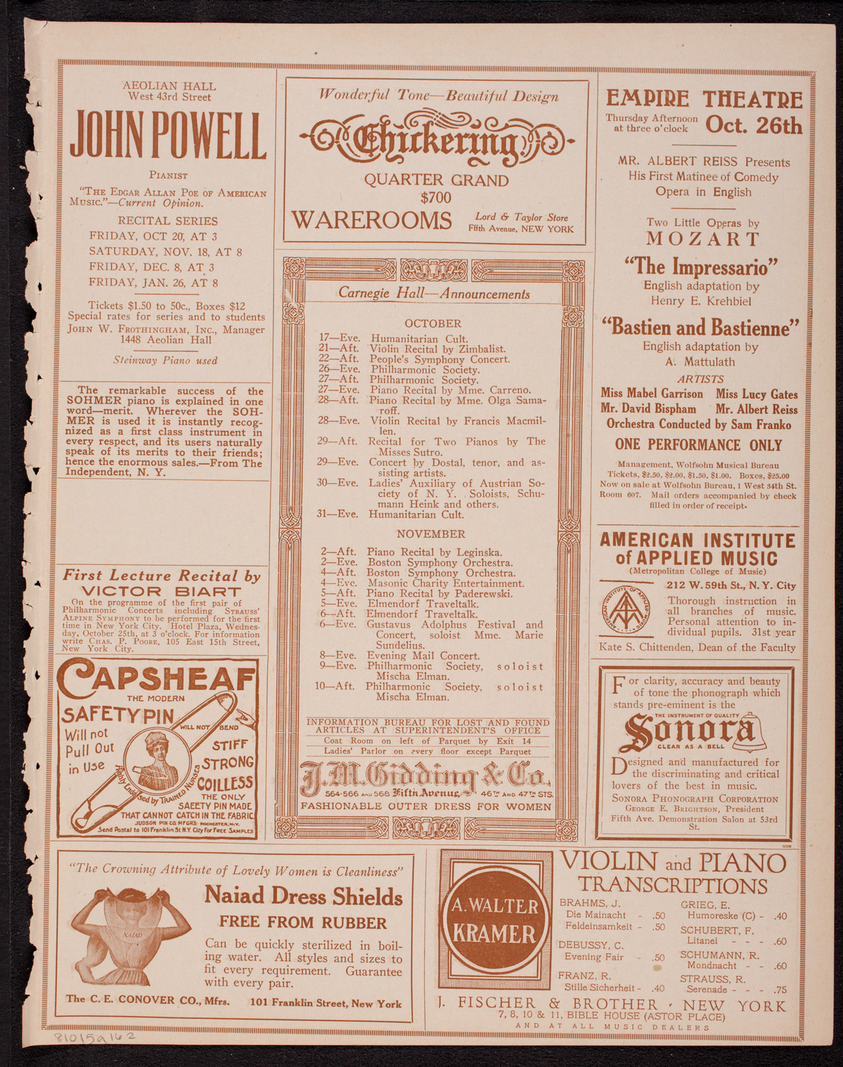 Eddy Brown, Violin, October 15, 1916, program page 3