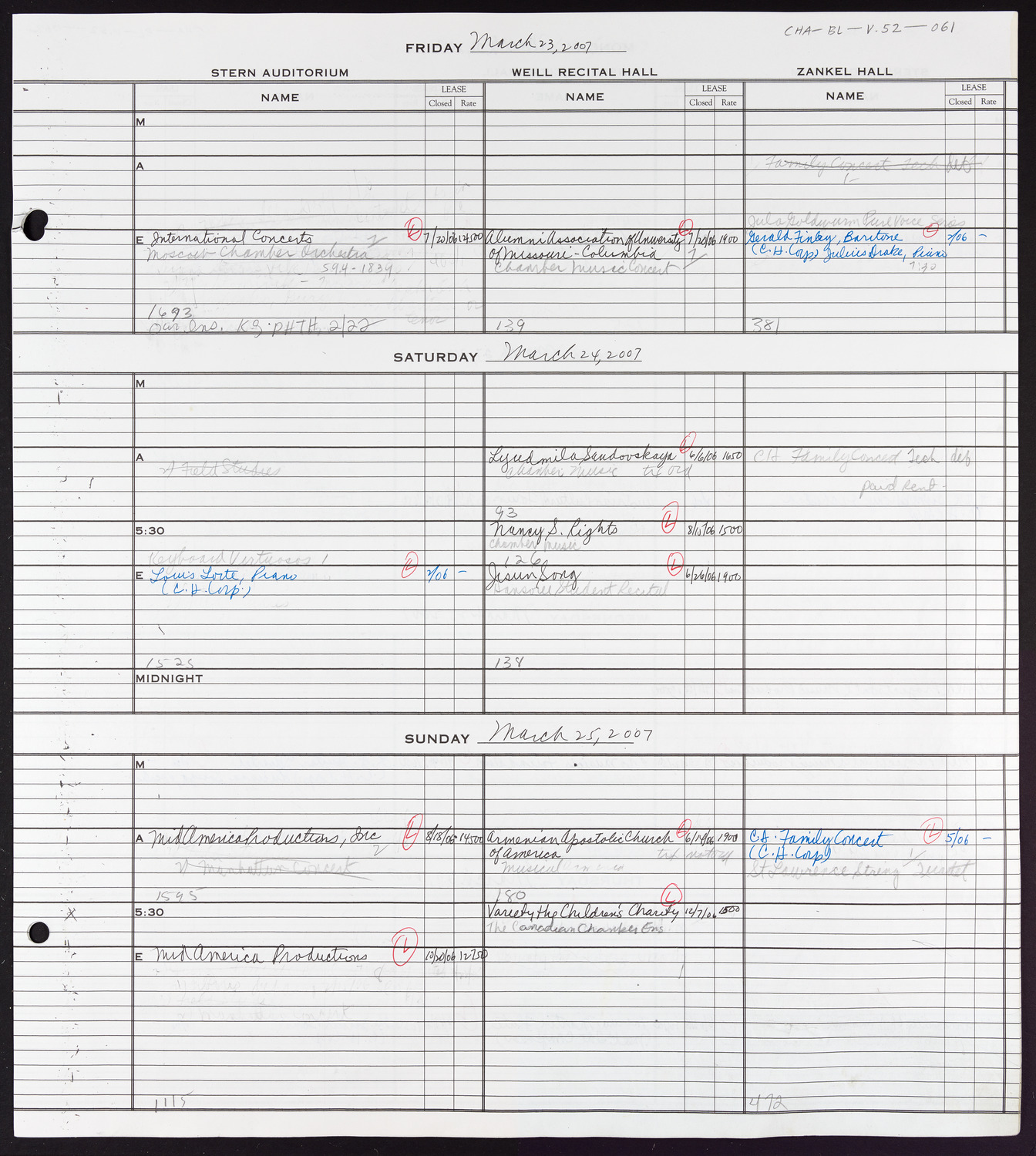 Carnegie Hall Booking Ledger, volume 52, page 61