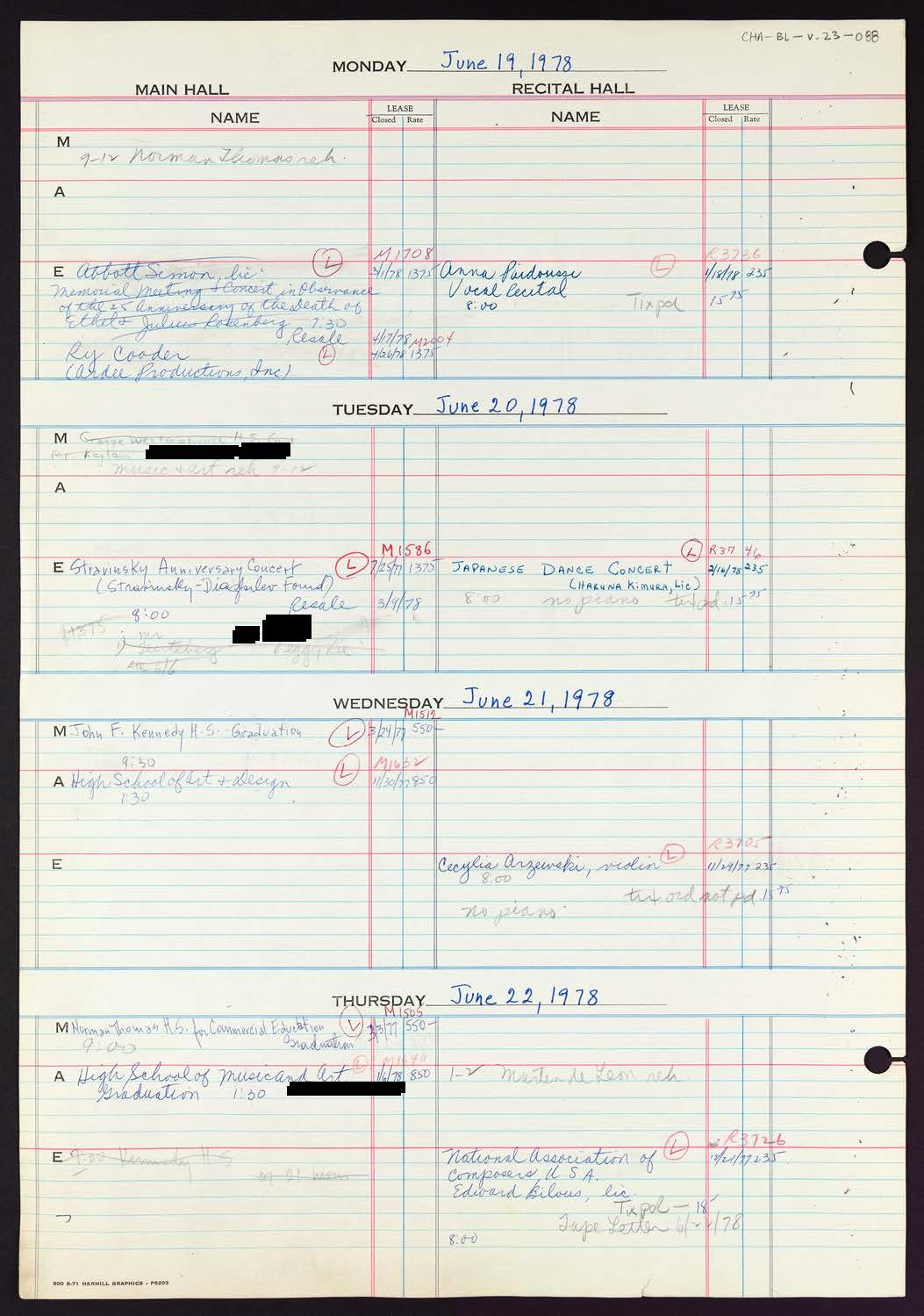 Carnegie Hall Booking Ledger, volume 23, page 88