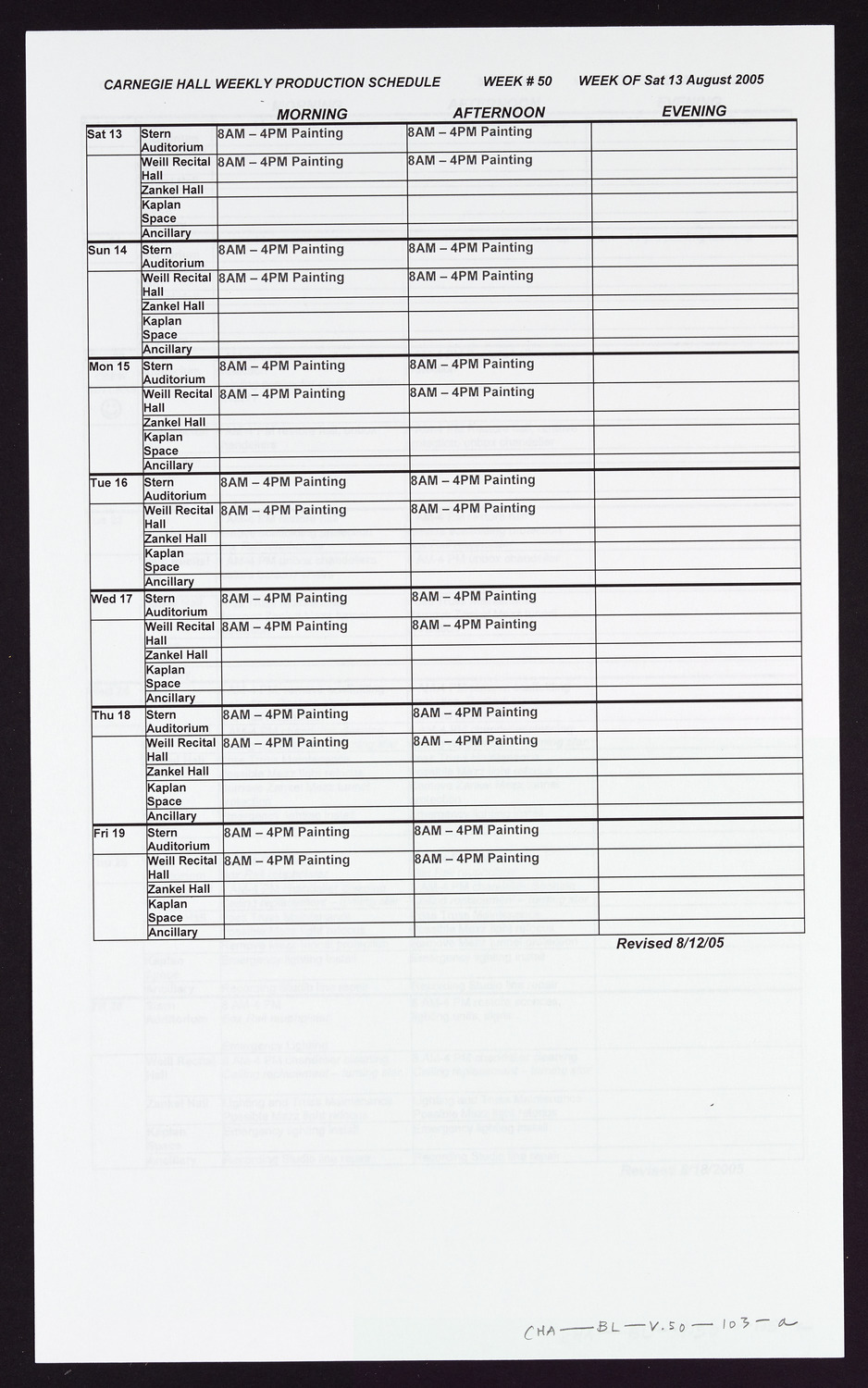 Carnegie Hall Booking Ledger, volume 50, page 103a