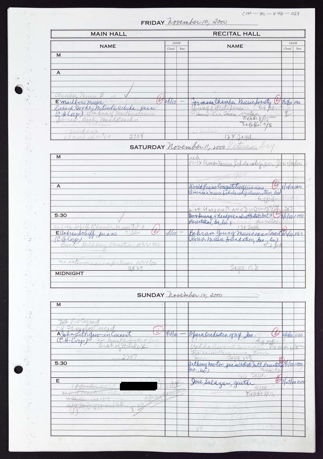 Carnegie Hall Booking Ledger, volume 46, page 23