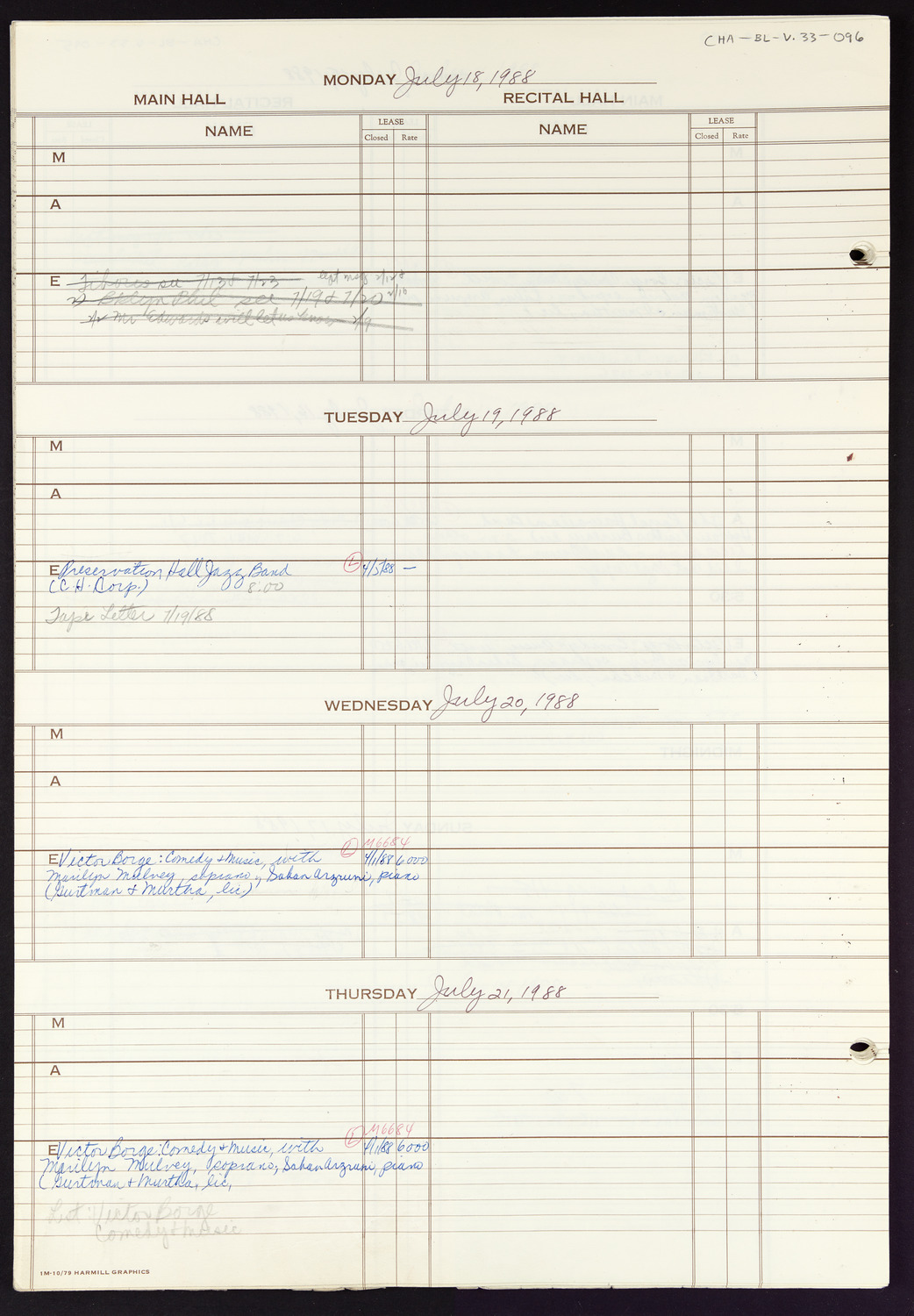 Carnegie Hall Booking Ledger, volume 33, page 96