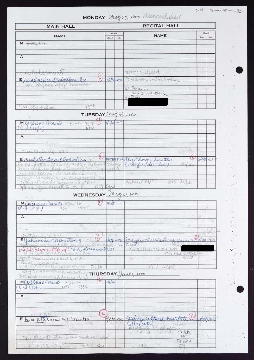 Carnegie Hall Booking Ledger, volume 45, page 82