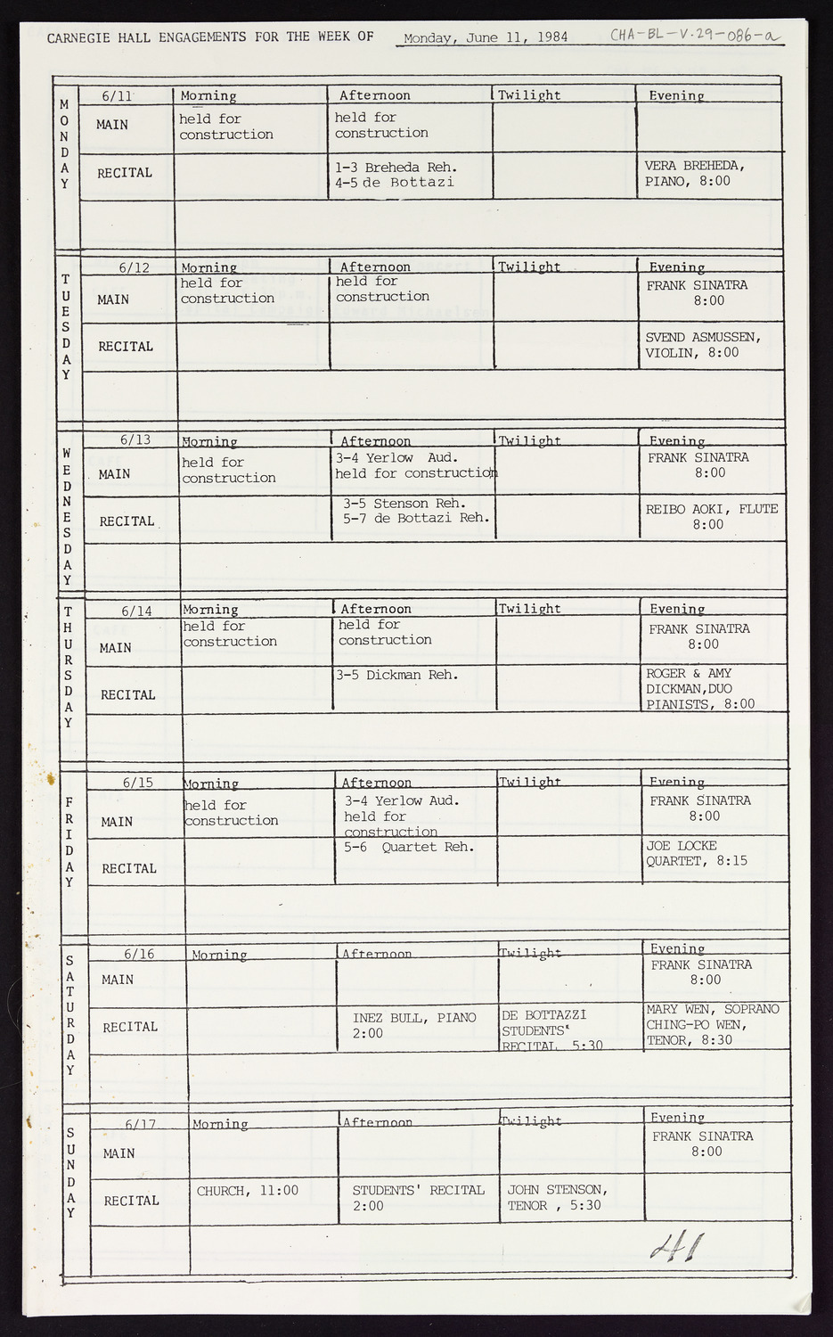 Carnegie Hall Booking Ledger, volume 29, page 86a