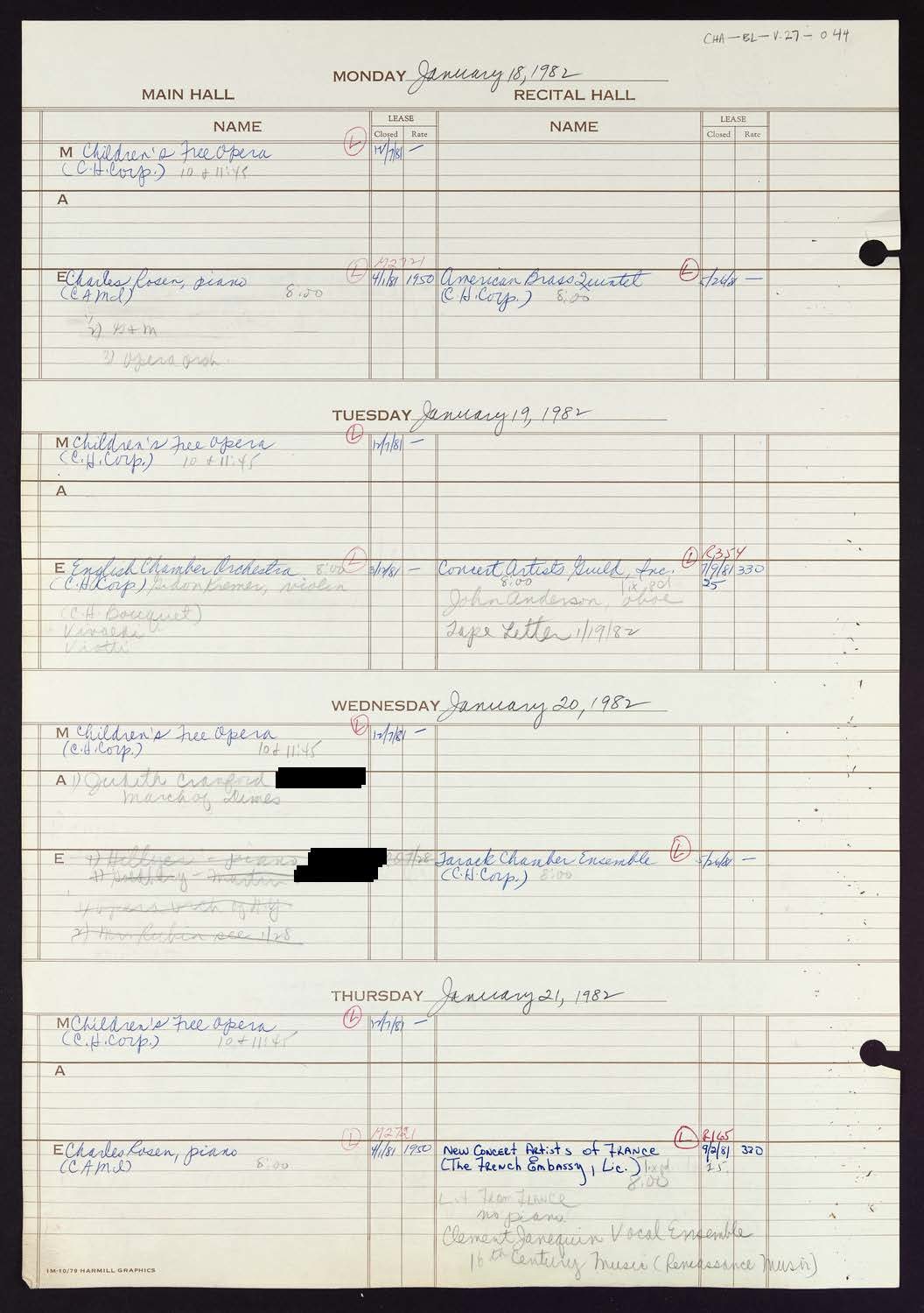 Carnegie Hall Booking Ledger, volume 27, page 44