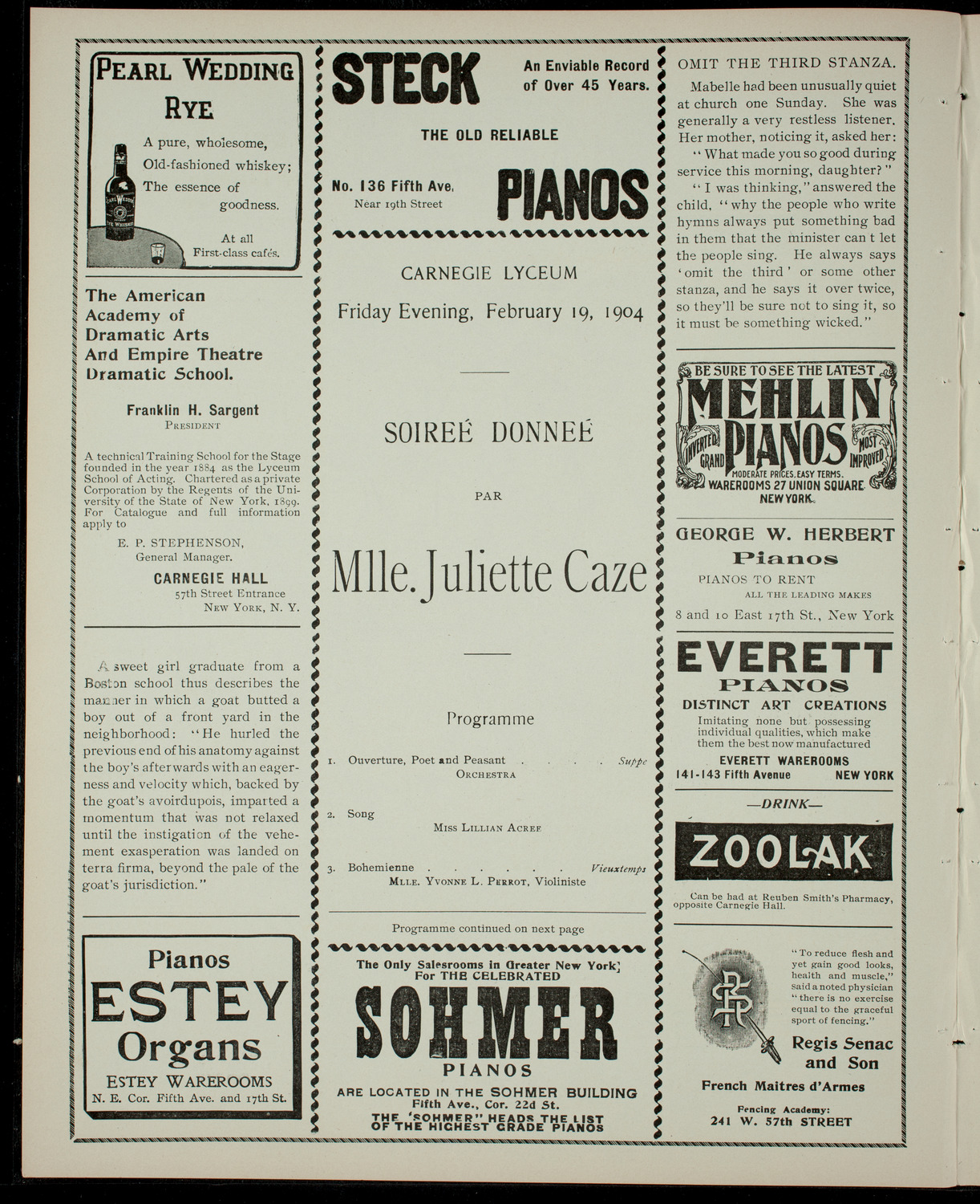 Soirée Donnée par Mme. Juliette Caze, February 19, 1904, program page 2