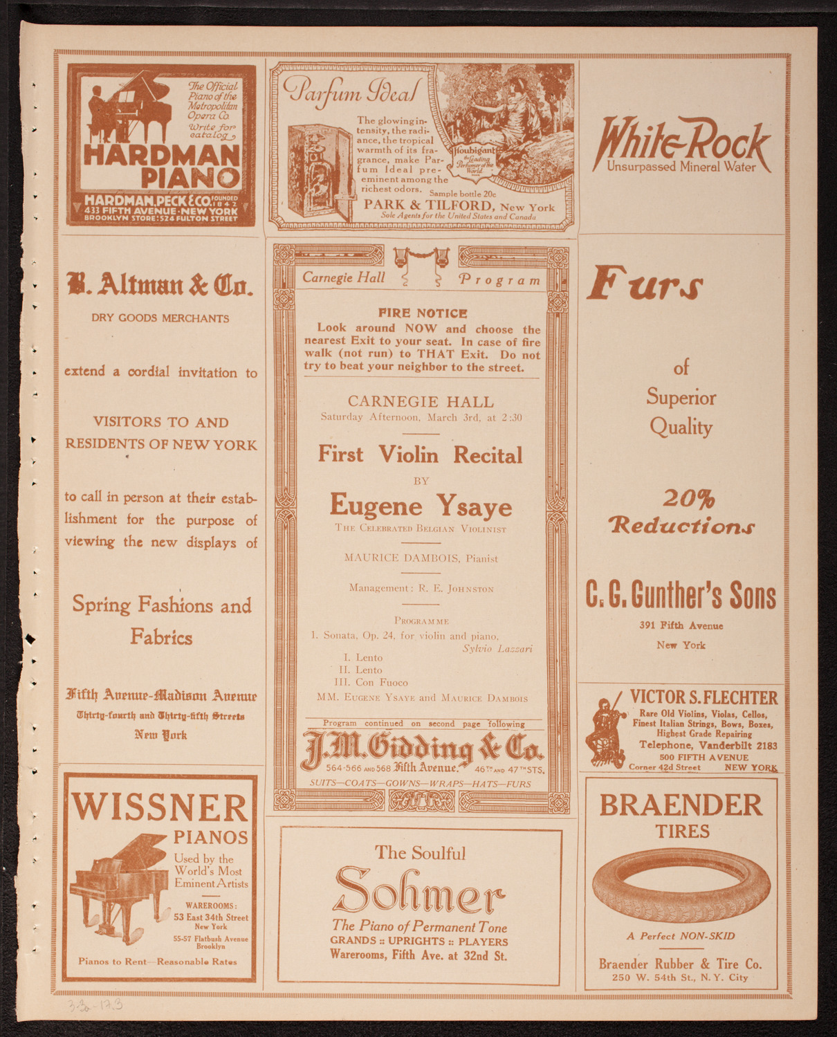 Eugène Ysaÿe, Violin, March 3, 1917, program page 5