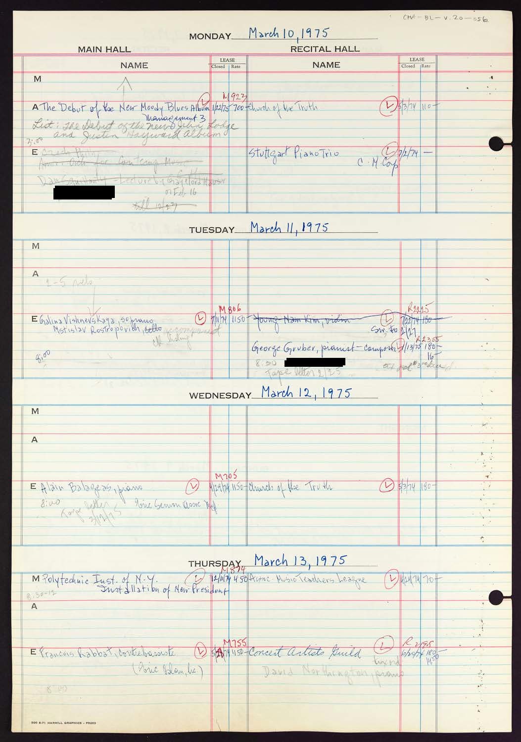 Carnegie Hall Booking Ledger, volume 20, page 56