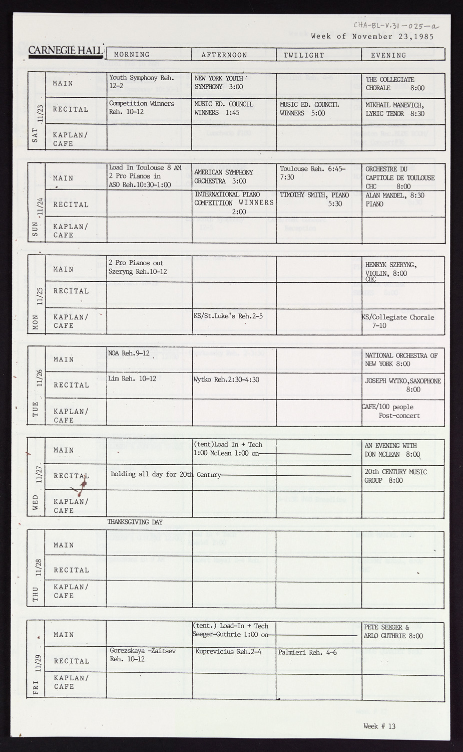 Carnegie Hall Booking Ledger, volume 31, page 25a