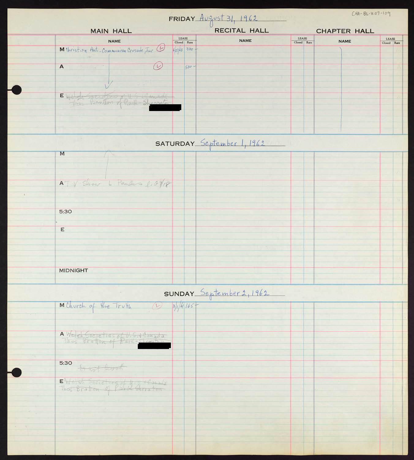 Carnegie Hall Booking Ledger, volume 7, page 109