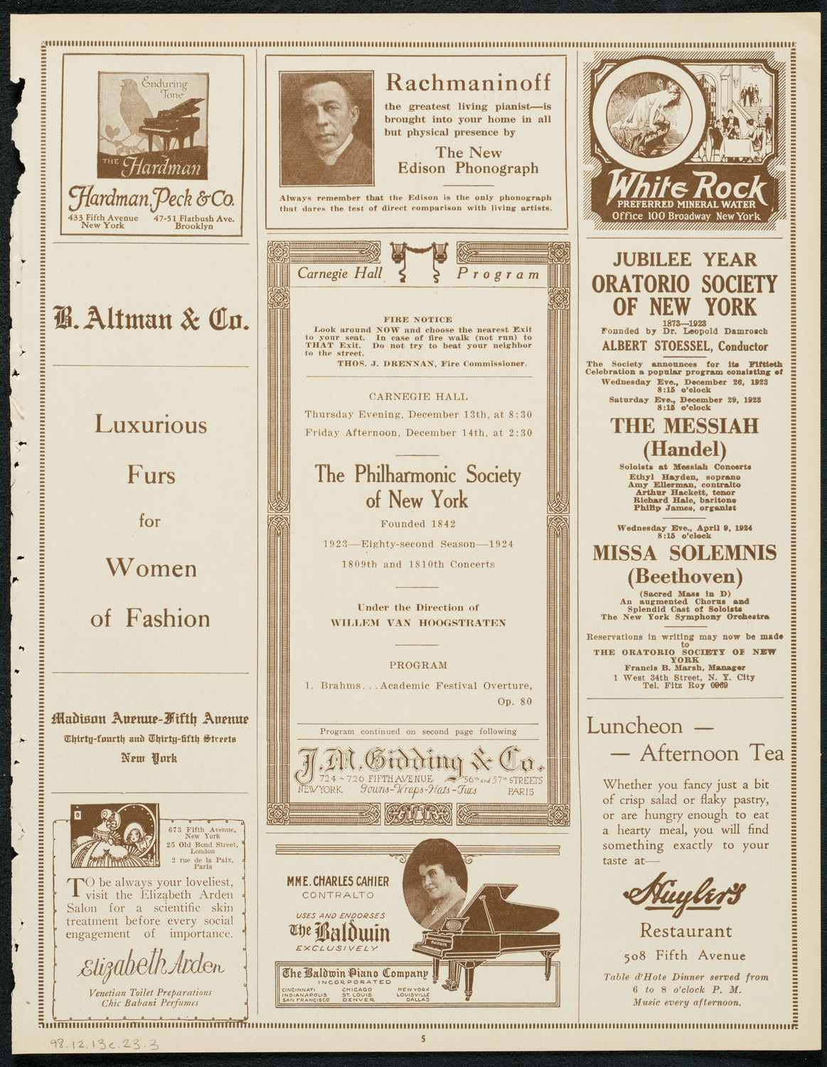 New York Philharmonic, December 13, 1923, program page 5