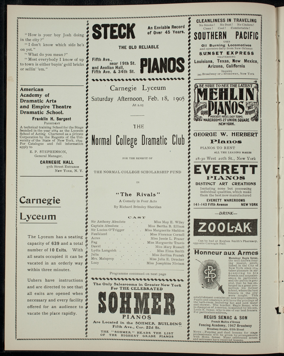 Normal College Dramatic Club, February 18, 1905, program page 2