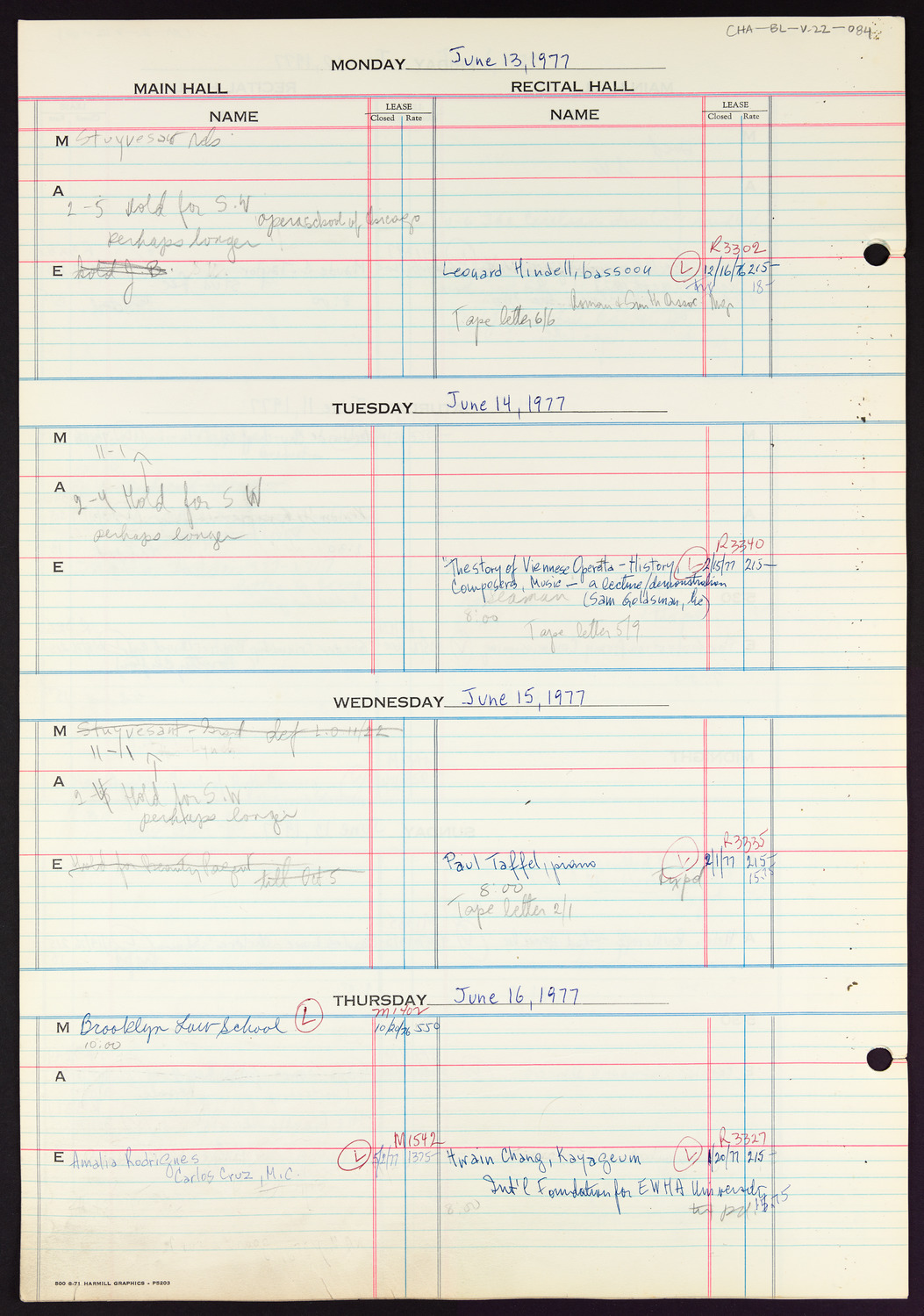 Carnegie Hall Booking Ledger, volume 22, page 84