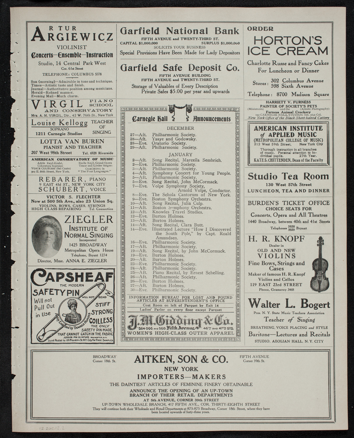 New York Philharmonic, December 26, 1912, program page 3