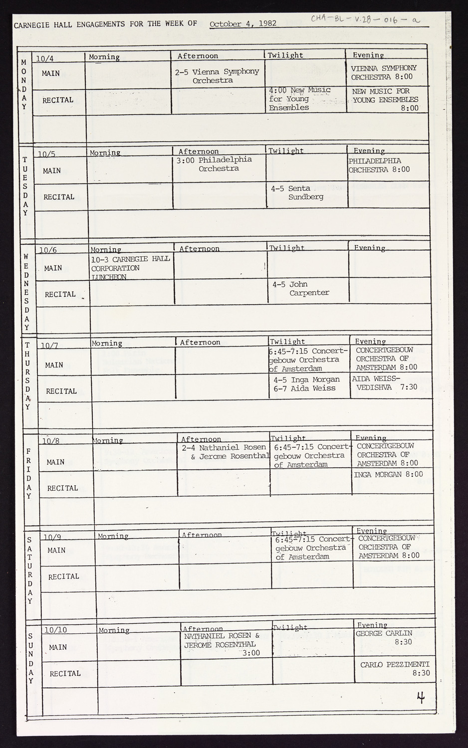 Carnegie Hall Booking Ledger, volume 28, page 16a