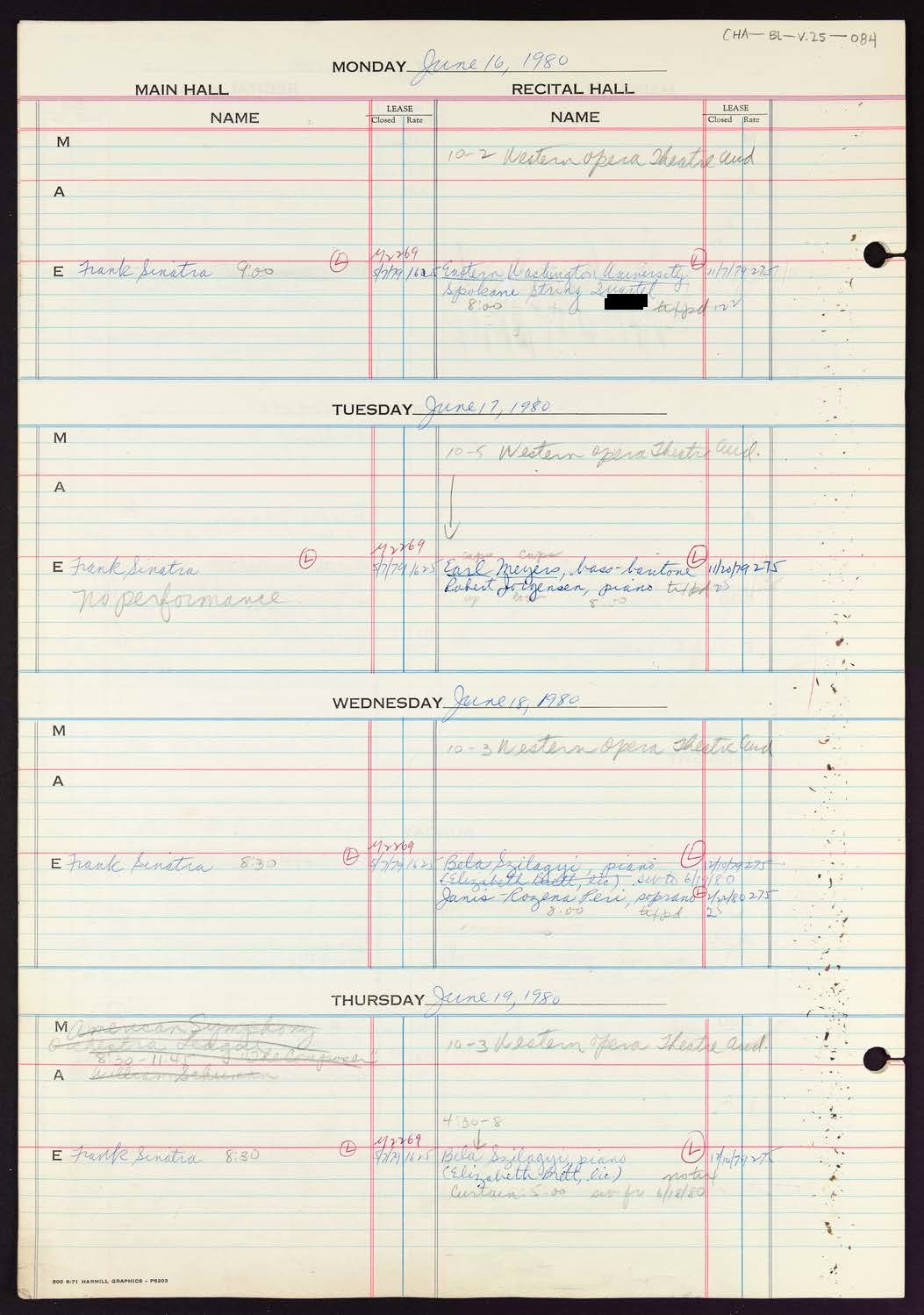 Carnegie Hall Booking Ledger, volume 25, page 84