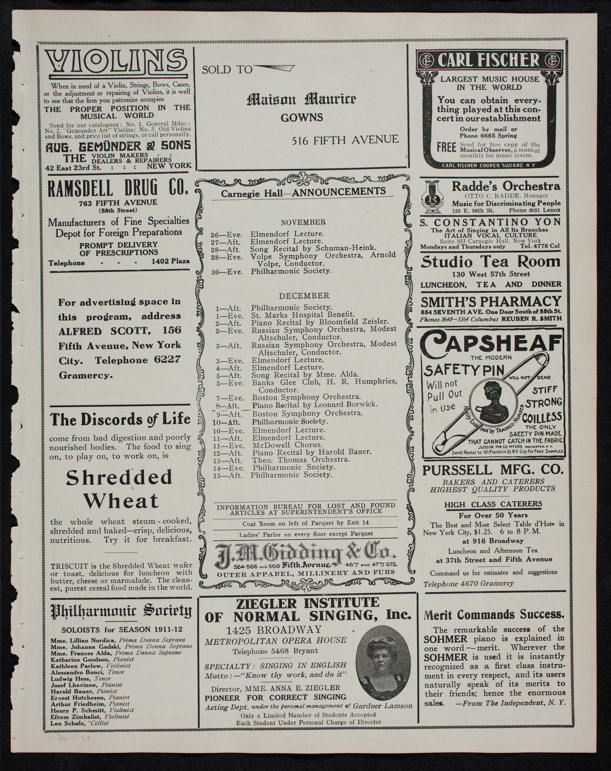 New York Philharmonic, November 26, 1911, program page 3