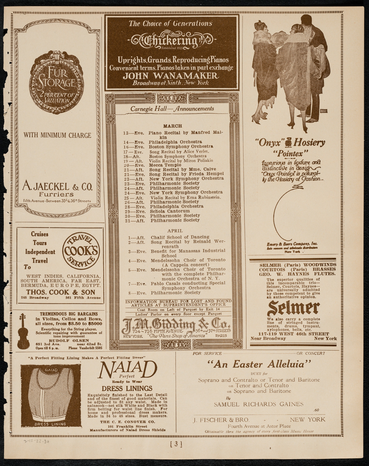 New York Philharmonic, March 12, 1922, program page 3