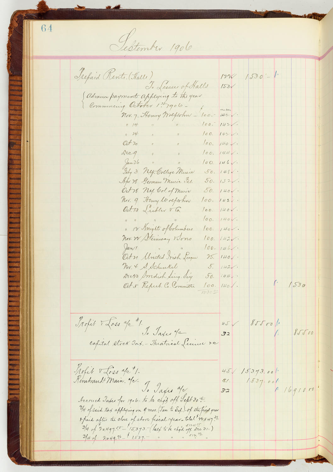 Music Hall Accounting Ledger Journal, volume 7, page 64
