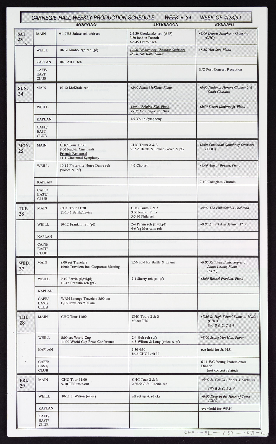 Carnegie Hall Booking Ledger, volume 39, page 71a