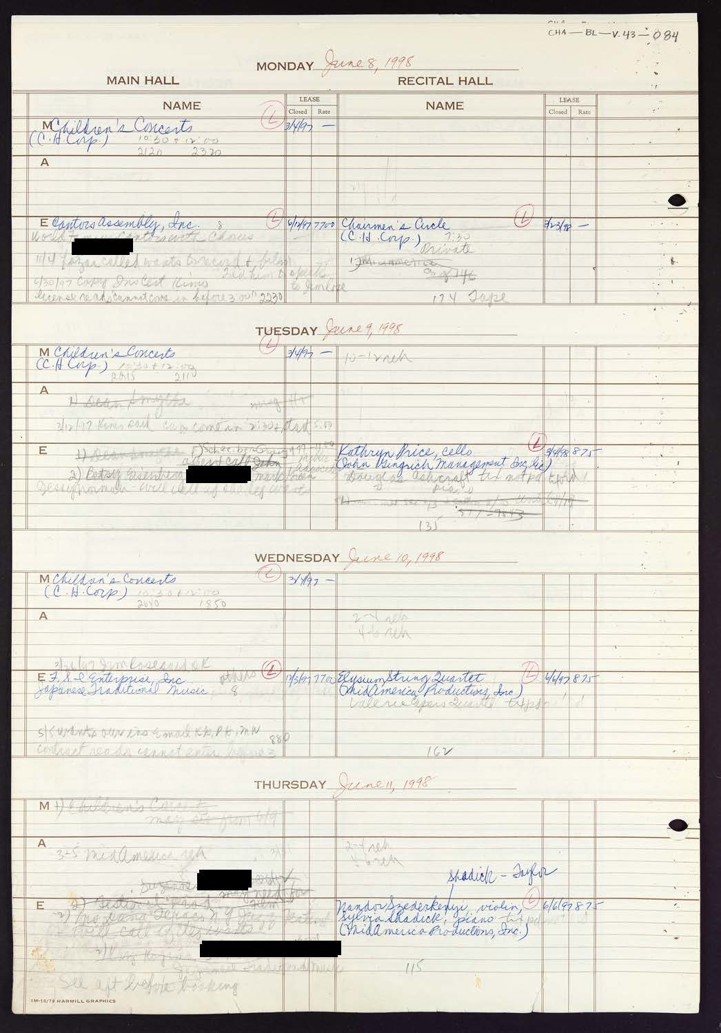 Carnegie Hall Booking Ledger, volume 43, page 84