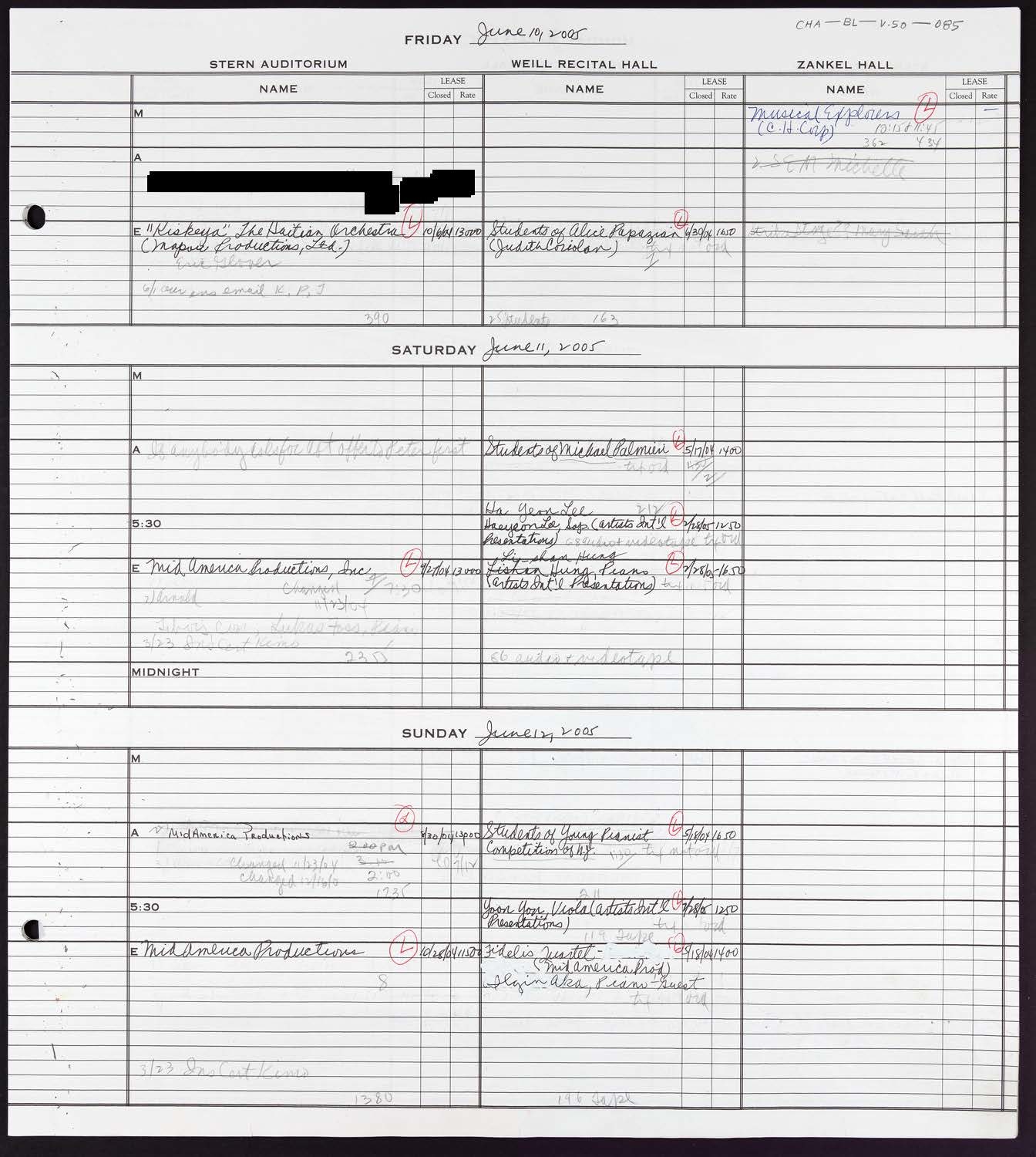 Carnegie Hall Booking Ledger, volume 50, page 85