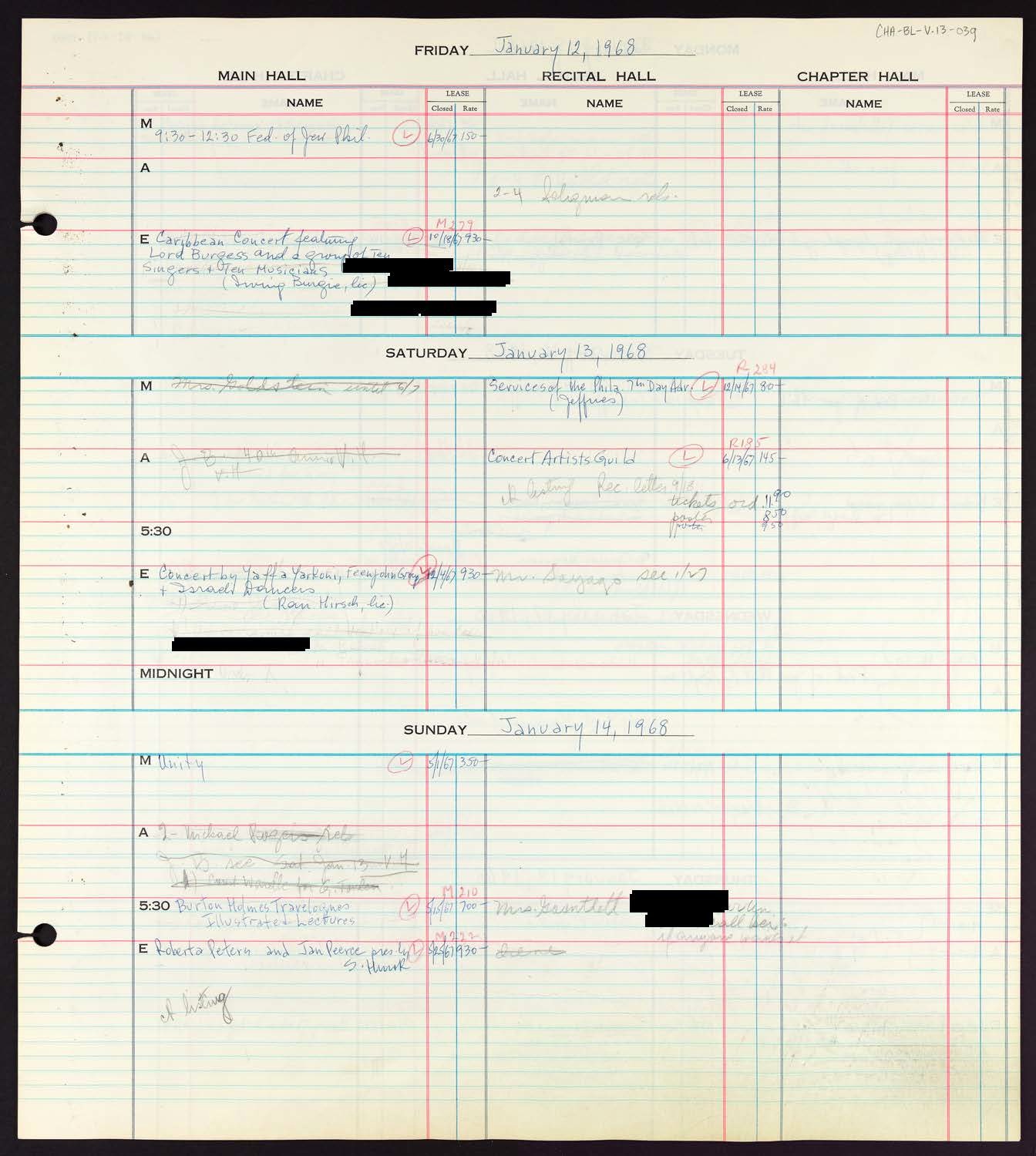 Carnegie Hall Booking Ledger, volume 13, page 39