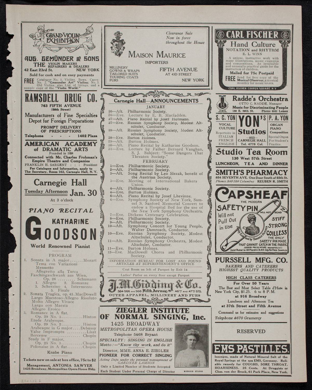 New York Philharmonic, January 25, 1912, program page 3