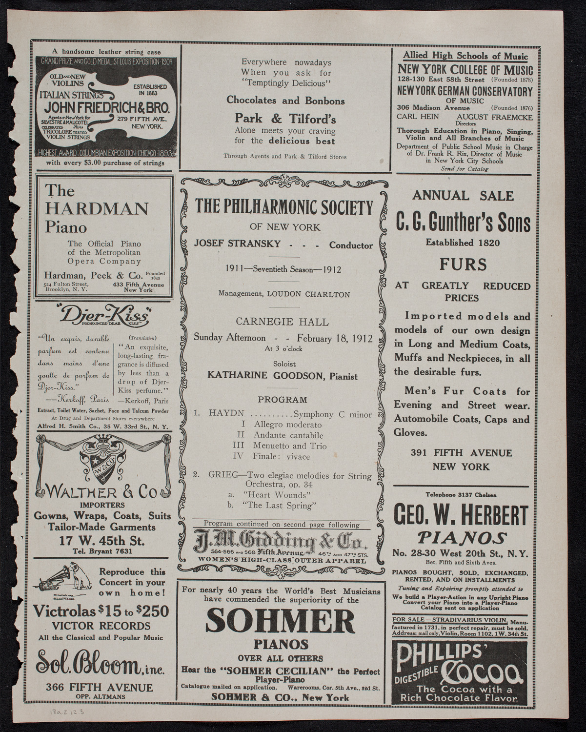 New York Philharmonic, February 18, 1912, program page 5