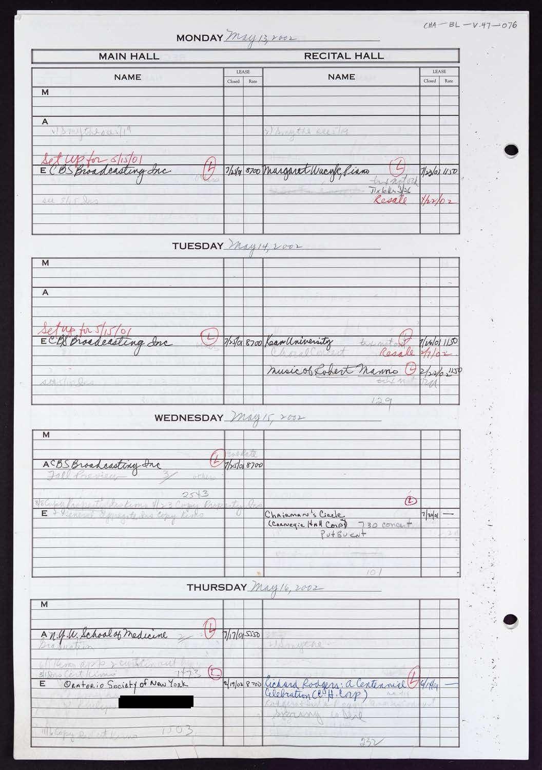 Carnegie Hall Booking Ledger, volume 47, page 76