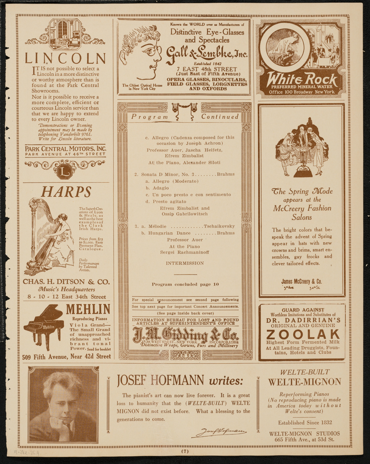 Gala Concert Celebrating the 80th Birthday of Leopold Auer, April 28, 1925, program page 7