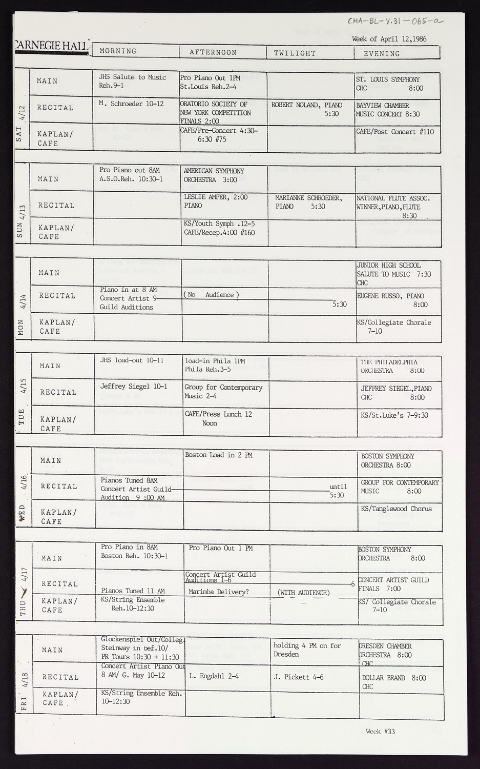 Carnegie Hall Booking Ledger, volume 31, page 65a