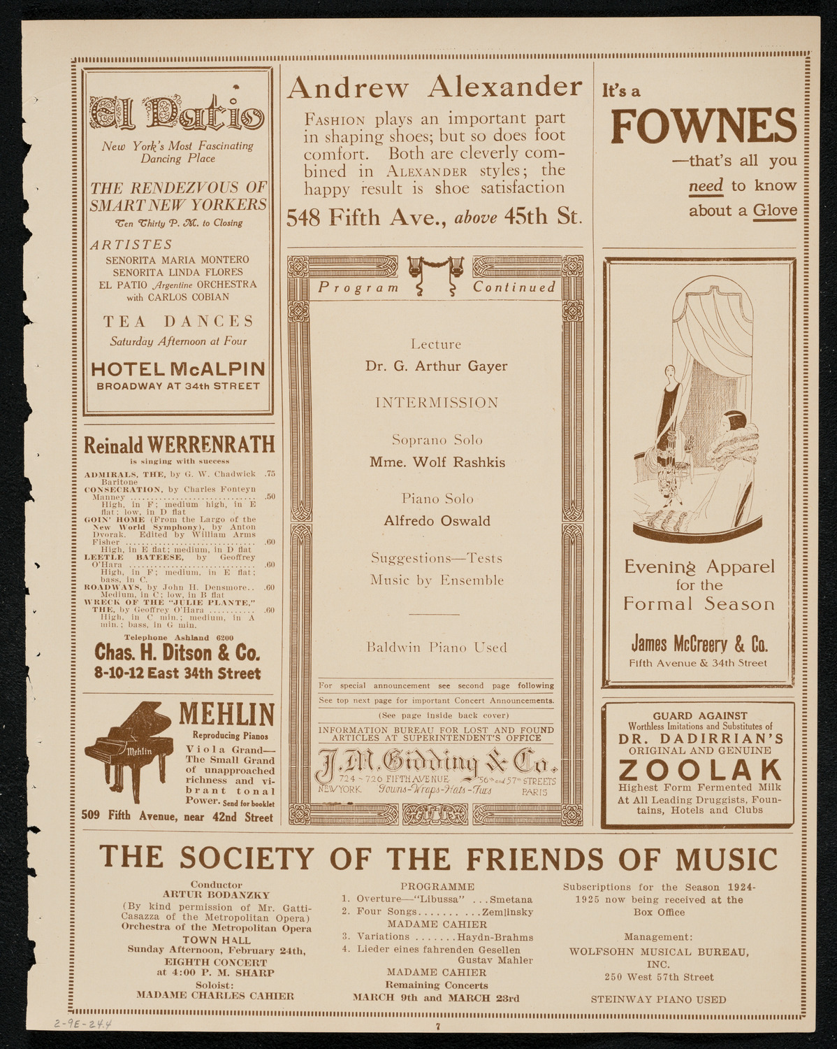 Lecture-Concert by Dr. G. Arthur Gayer, Mme. Wolf Rashkis, Alfredo Oswald, and Sepp Morscher, February 9, 1924, program page 7