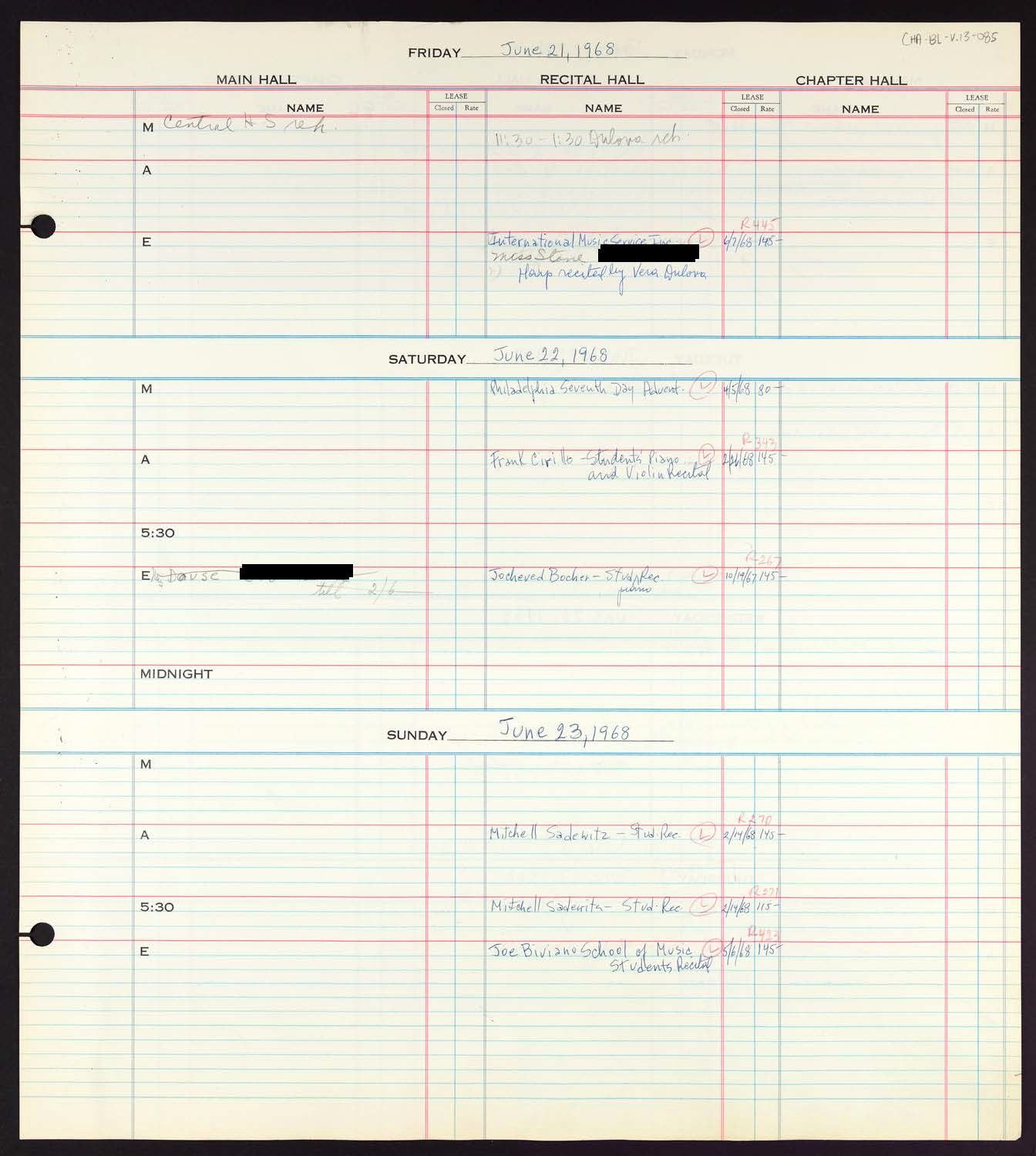 Carnegie Hall Booking Ledger, volume 13, page 85