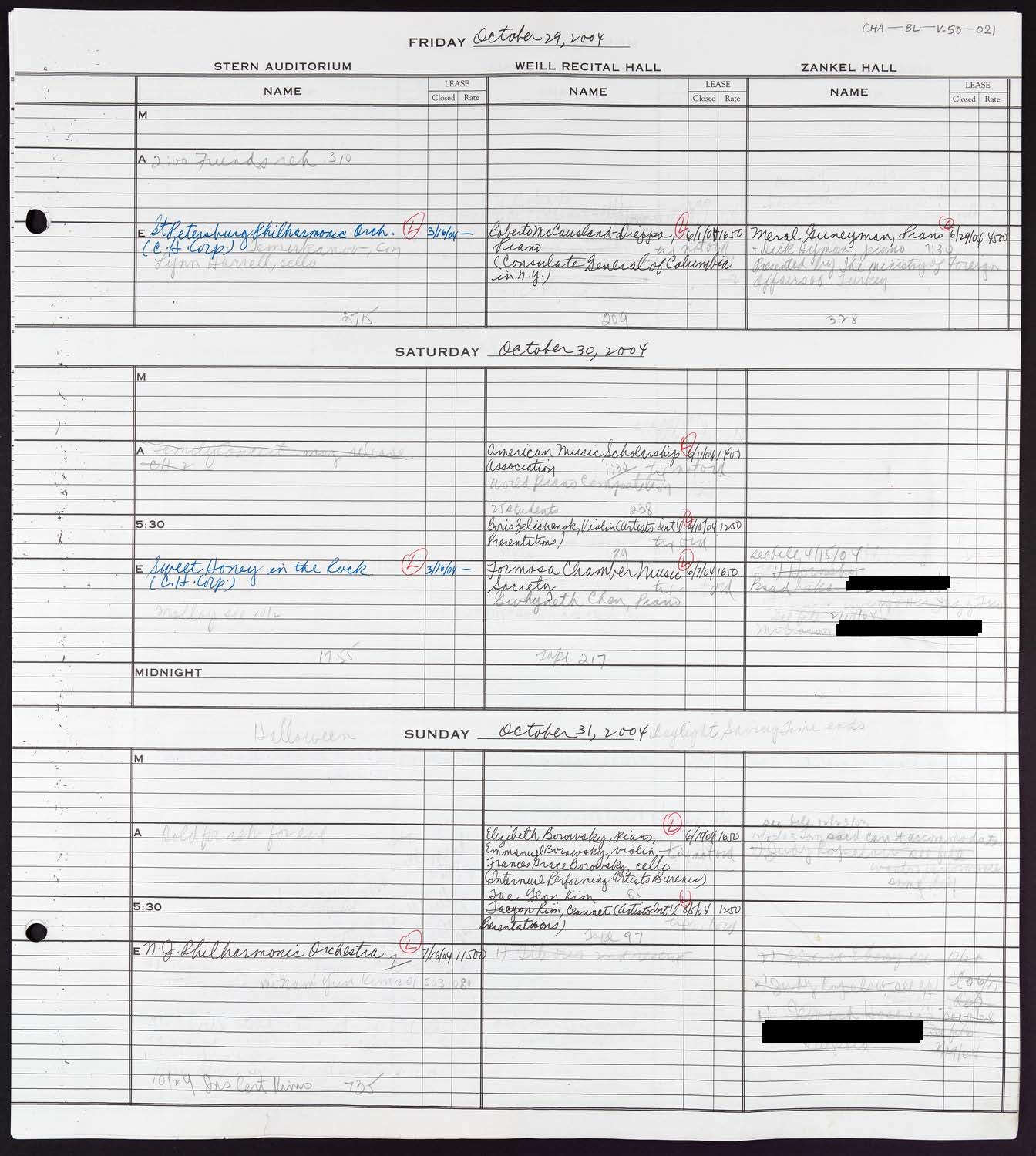 Carnegie Hall Booking Ledger, volume 50, page 21