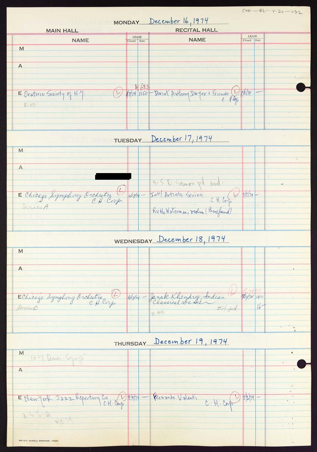 Carnegie Hall Booking Ledger, volume 20, page 32