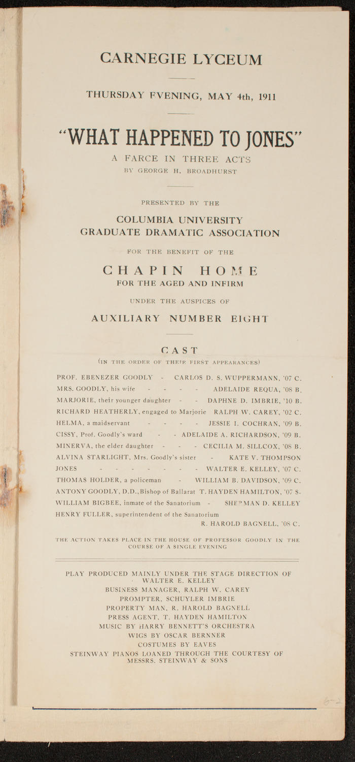 Columbia University Graduate Dramatic Association, May 4, 1911, program page 3