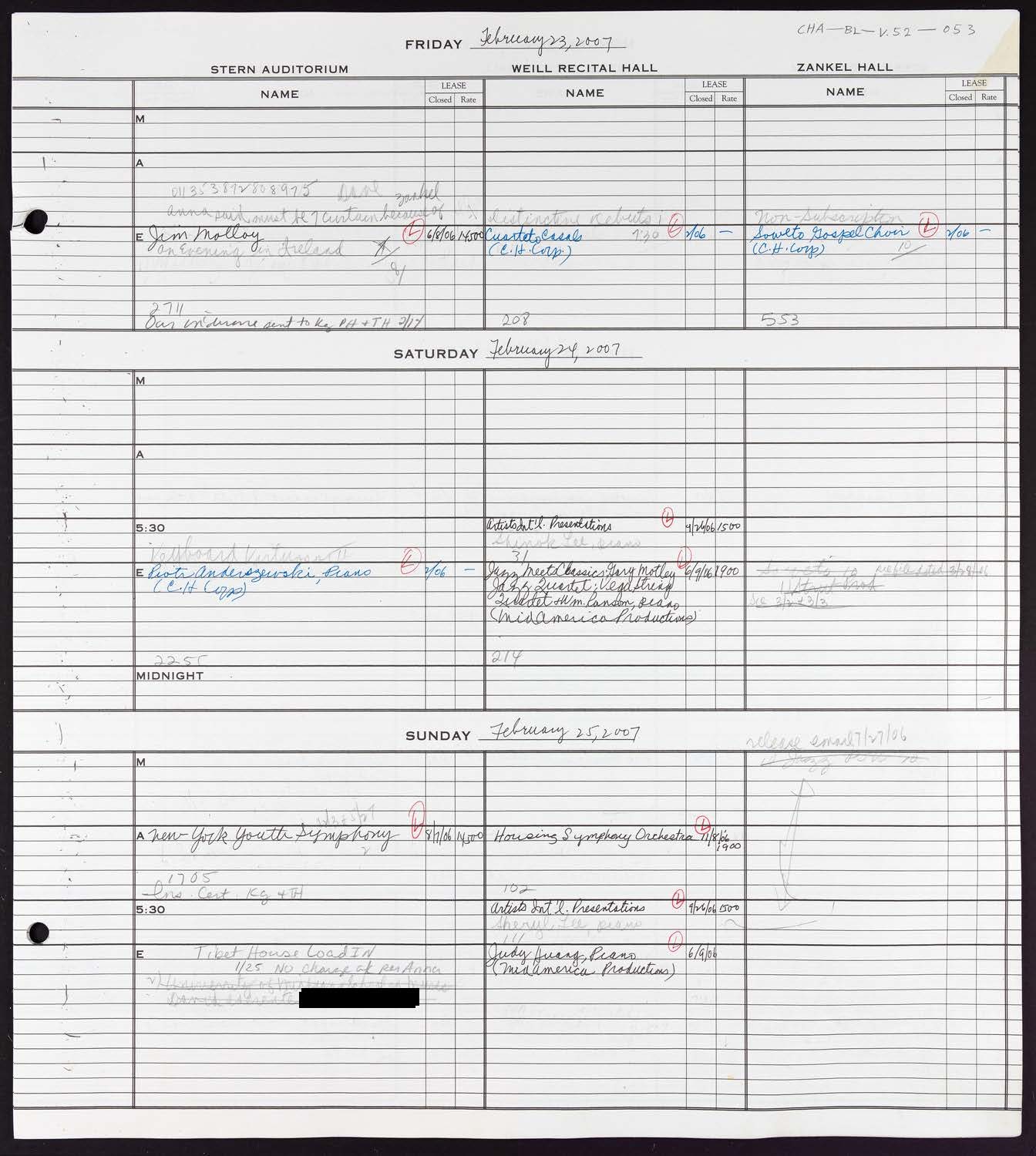 Carnegie Hall Booking Ledger, volume 52, page 53